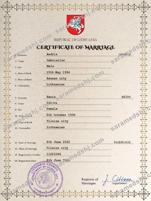 Lithuania marriage certificate PSD template